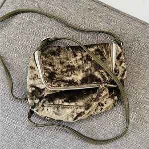 Elegant Velvet Crossbody Bag in Green and Brown